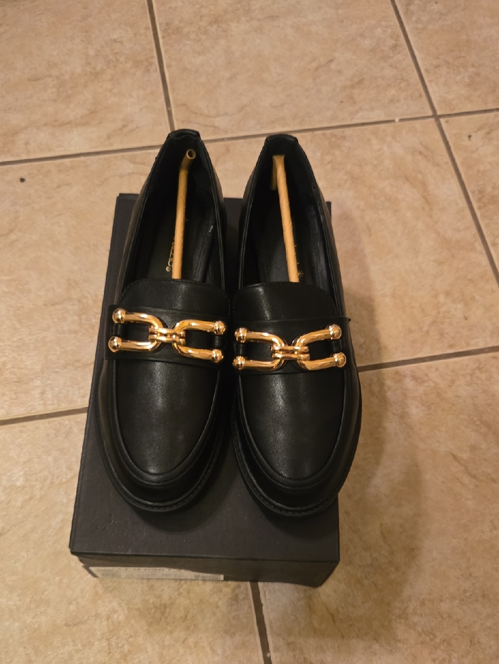 Black Women's Loafers with Gold Chain Detail